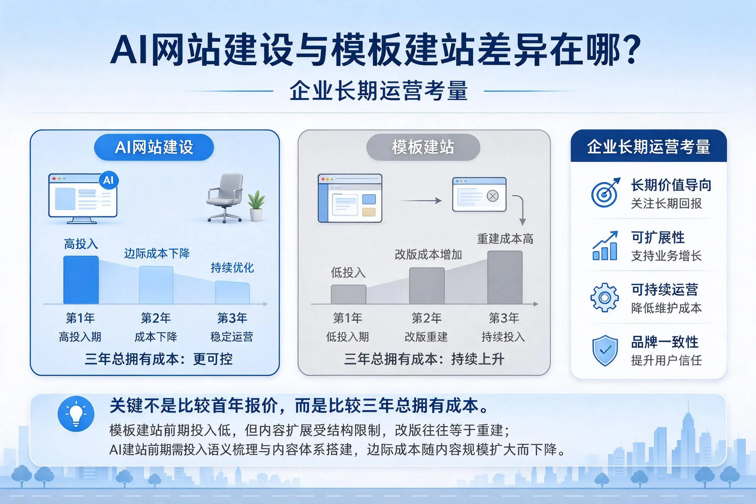 AI网站建设与模板建站差异在哪？三亚企业长期运营考量