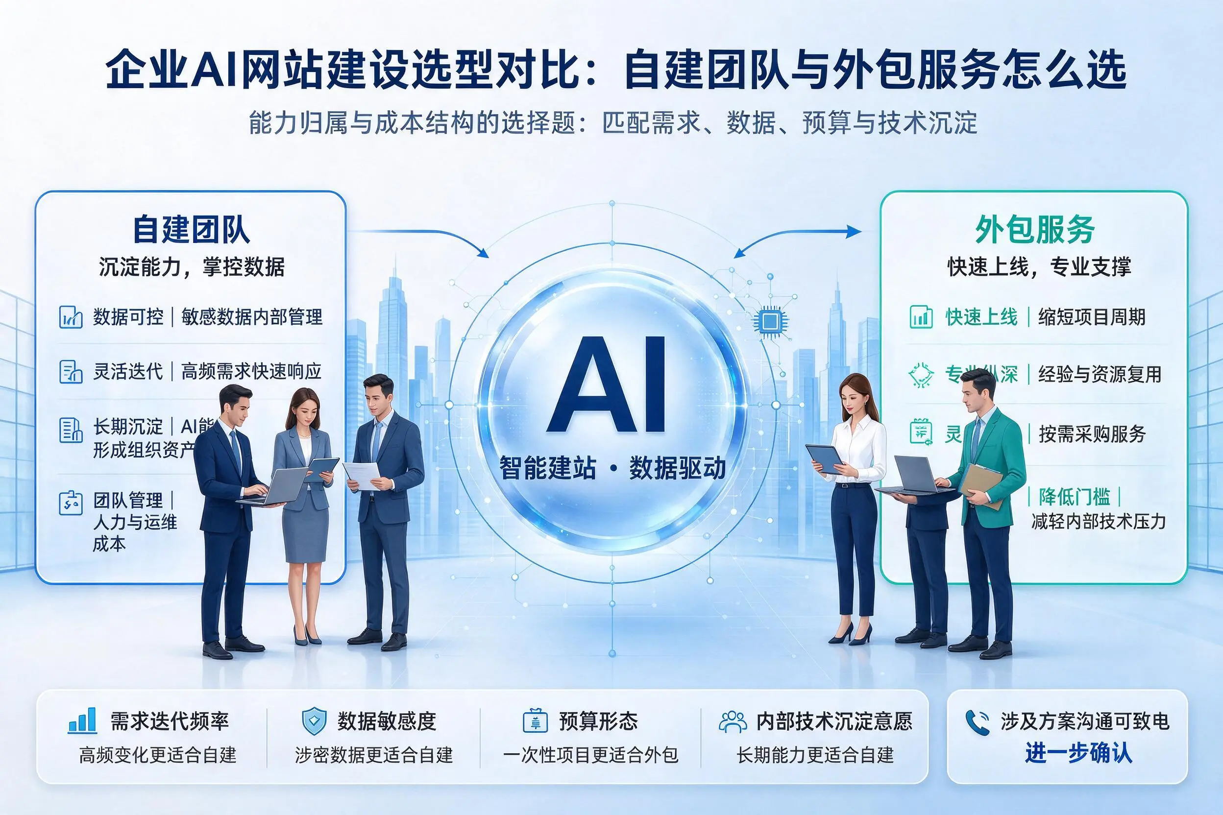 三亚企业AI网站建设选型对比:自建团队与外包服务怎么选